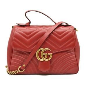GUCCI Calfskin Matelasse Small GG Marmont Top Handle Shoulder Bag Hibiscus Red